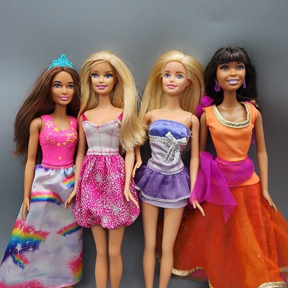 Mattel Barbie Dolls Lot of 4 Party Dresses 1999-2013 Rainbow Skirt Purple Orange - Picture 4 of 16